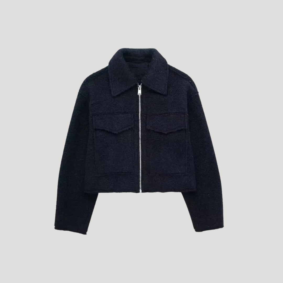 Women's Collared Cropped Jacket with Chest Pockets and Zip Front