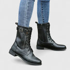 Women's Lace Up Combat Boots with Buckle and Side Zip