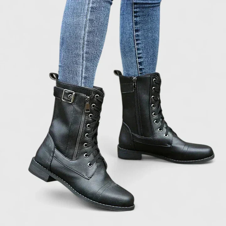 Women's Lace Up Combat Boots with Buckle and Side Zip