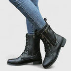 Women's Lace Up Combat Boots with Buckle and Side Zip