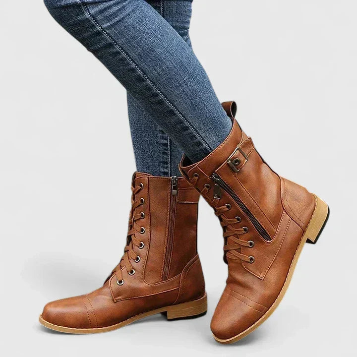 Women's Lace Up Combat Boots with Buckle and Side Zip