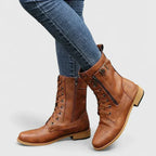 Women's Lace Up Combat Boots with Buckle and Side Zip