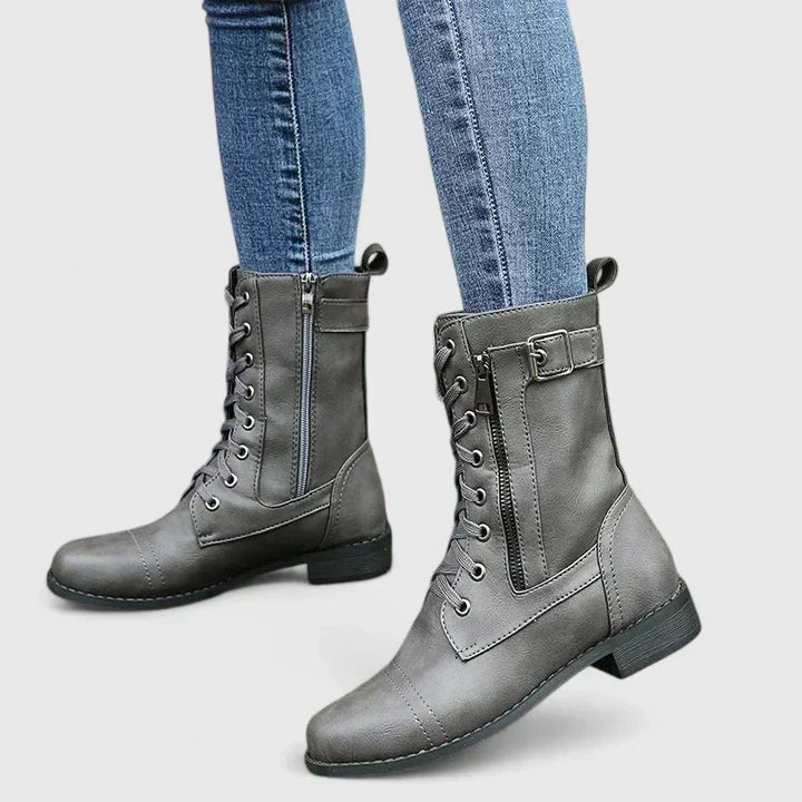 Women's Lace Up Combat Boots with Buckle and Side Zip