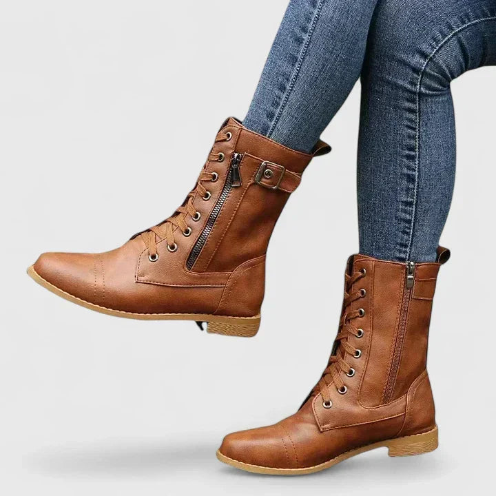 Women's Lace Up Combat Boots with Buckle and Side Zip