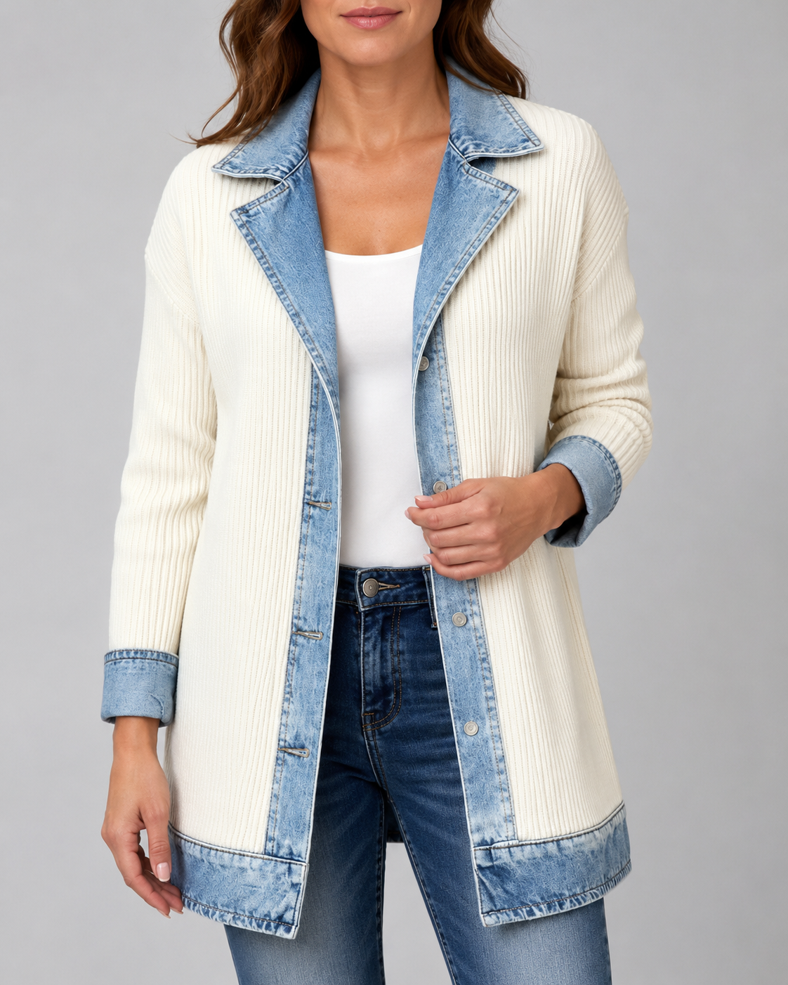 Women's Denim Trim Ribbed Knit Jacket | Collared Button Front