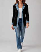 Women's Denim Trim Ribbed Knit Jacket | Collared Button Front