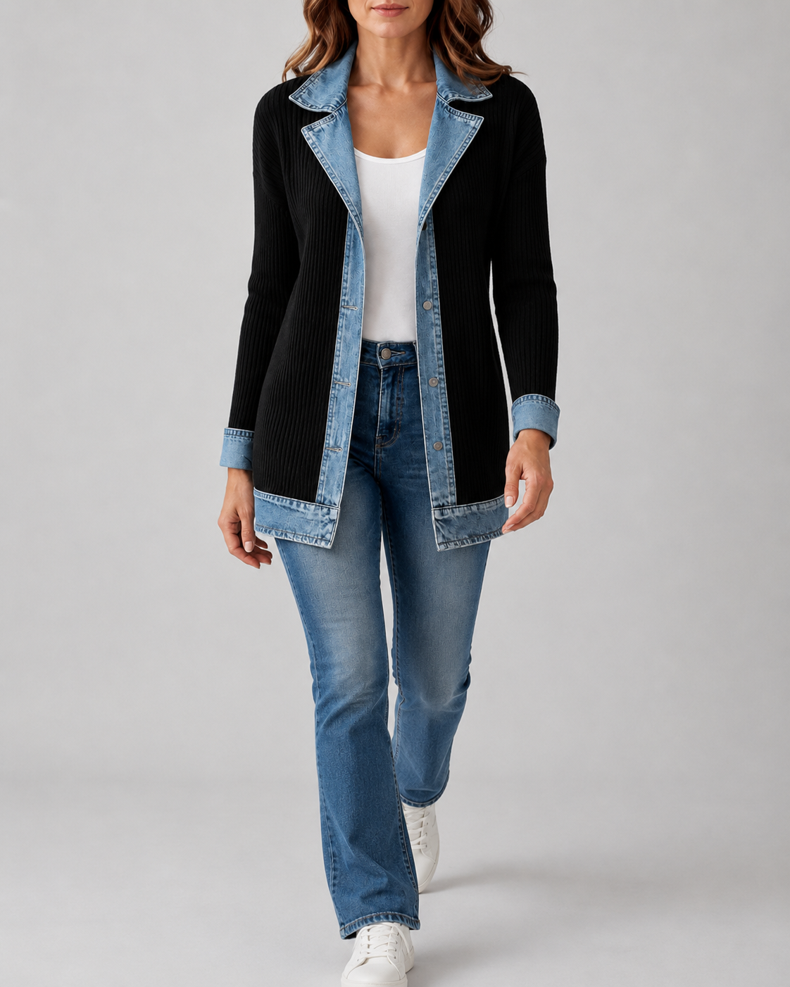 Women's Denim Trim Ribbed Knit Jacket | Collared Button Front