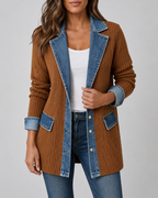 Women's Denim Trim Ribbed Knit Jacket | Collared Button Front