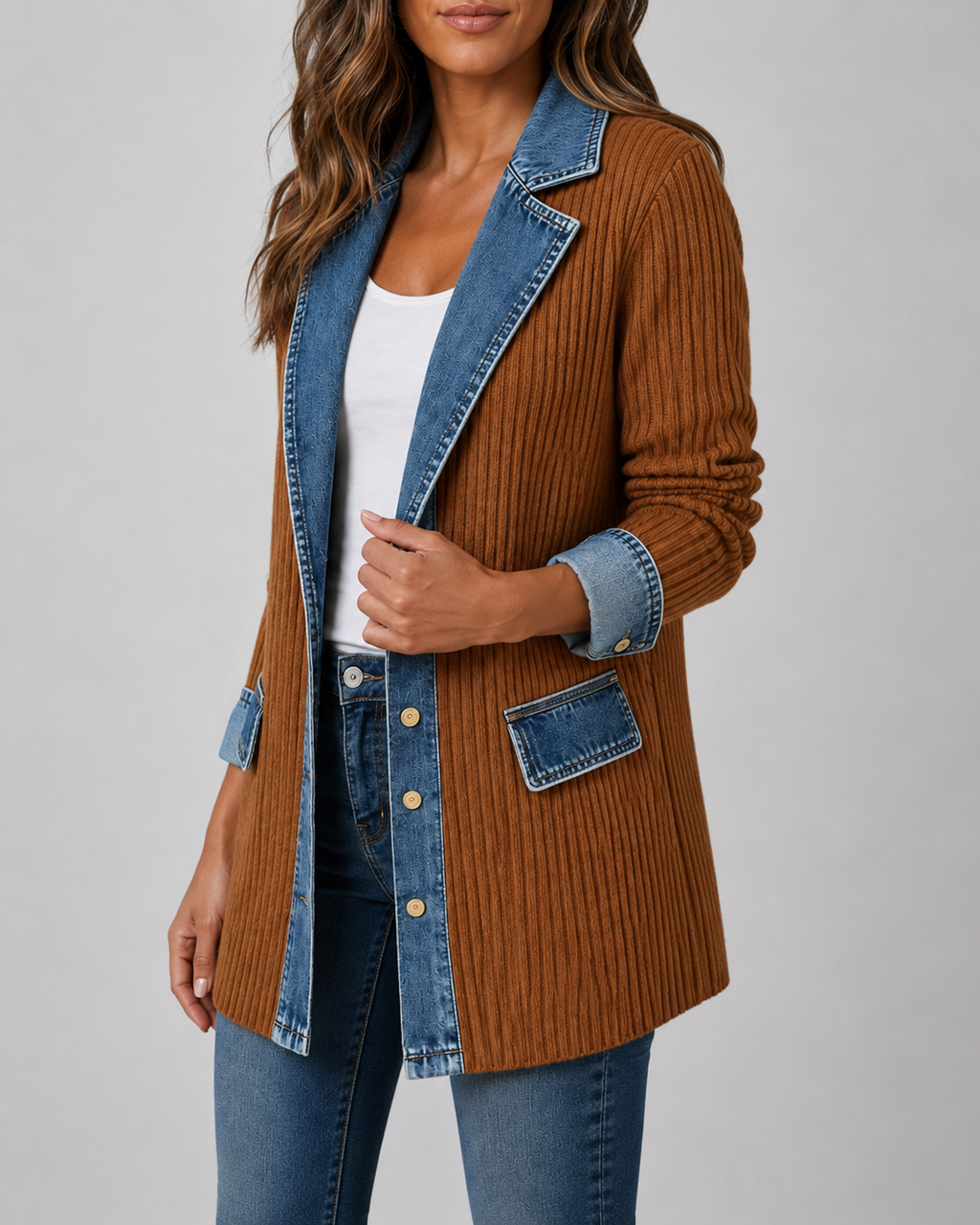 Women's Denim Trim Ribbed Knit Jacket | Collared Button Front