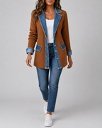 Women's Denim Trim Ribbed Knit Jacket | Collared Button Front