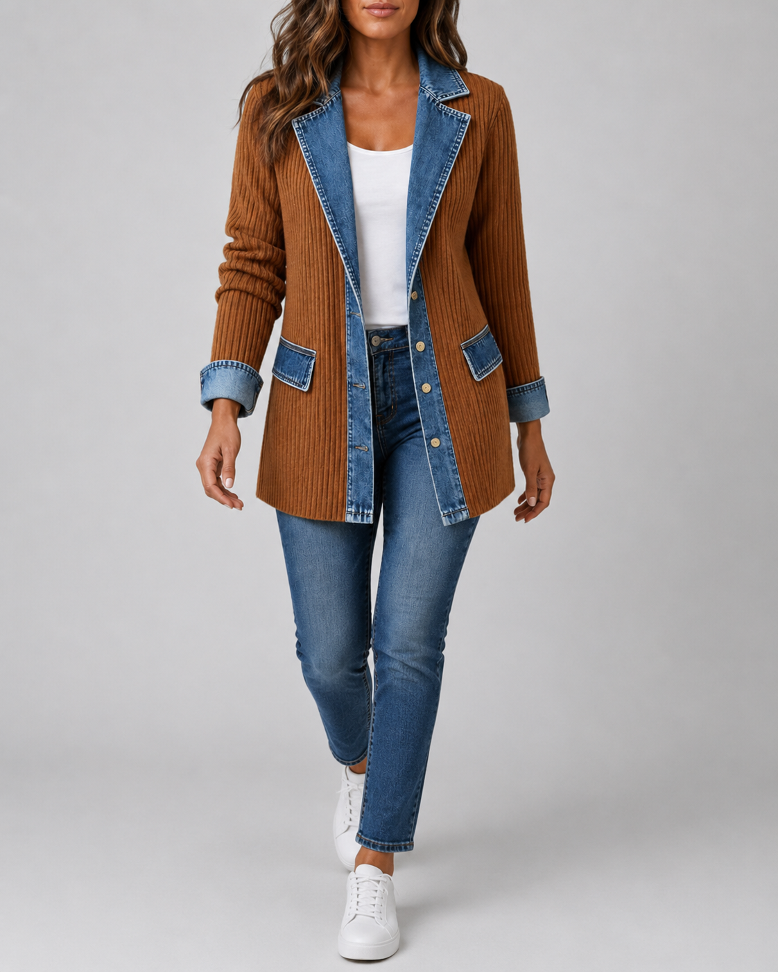 Women's Denim Trim Ribbed Knit Jacket | Collared Button Front