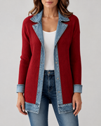 Women's Denim Trim Ribbed Knit Jacket | Collared Button Front
