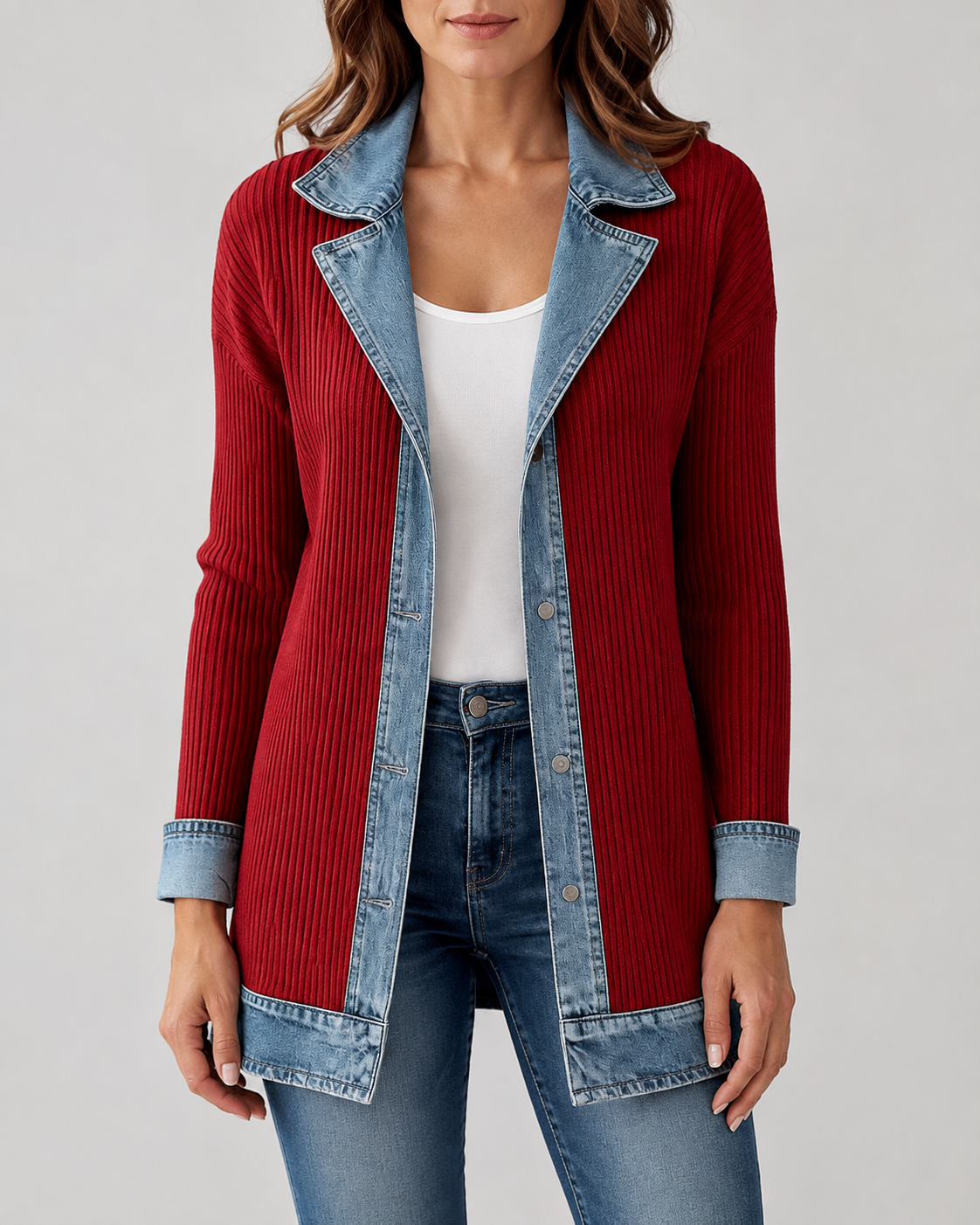 Women's Denim Trim Ribbed Knit Jacket | Collared Button Front