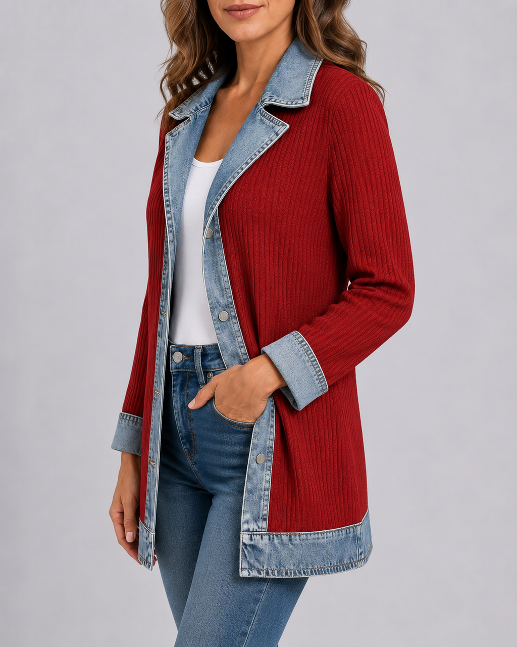 Women's Denim Trim Ribbed Knit Jacket | Collared Button Front