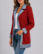 Women's Denim Trim Ribbed Knit Jacket | Collared Button Front