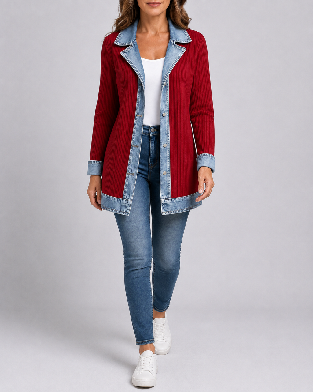 Women's Denim Trim Ribbed Knit Jacket | Collared Button Front