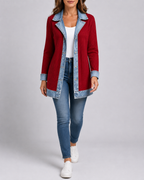 Women's Denim Trim Ribbed Knit Jacket | Collared Button Front