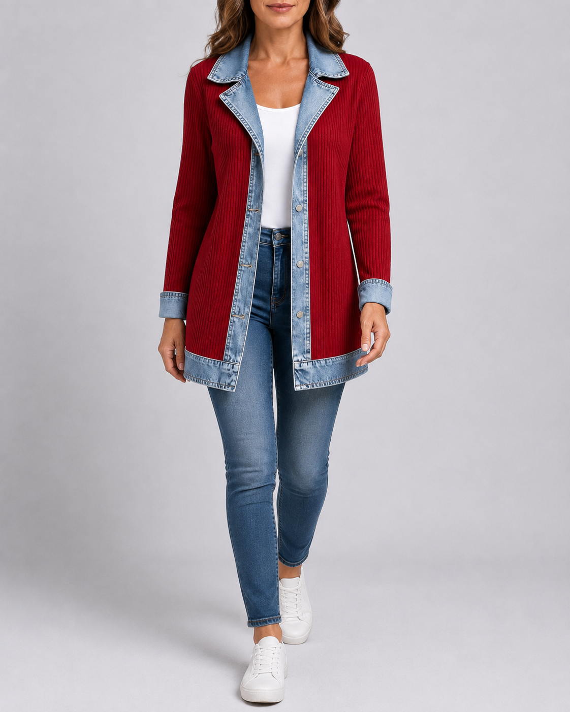 Women's Denim Trim Ribbed Knit Jacket | Collared Button Front