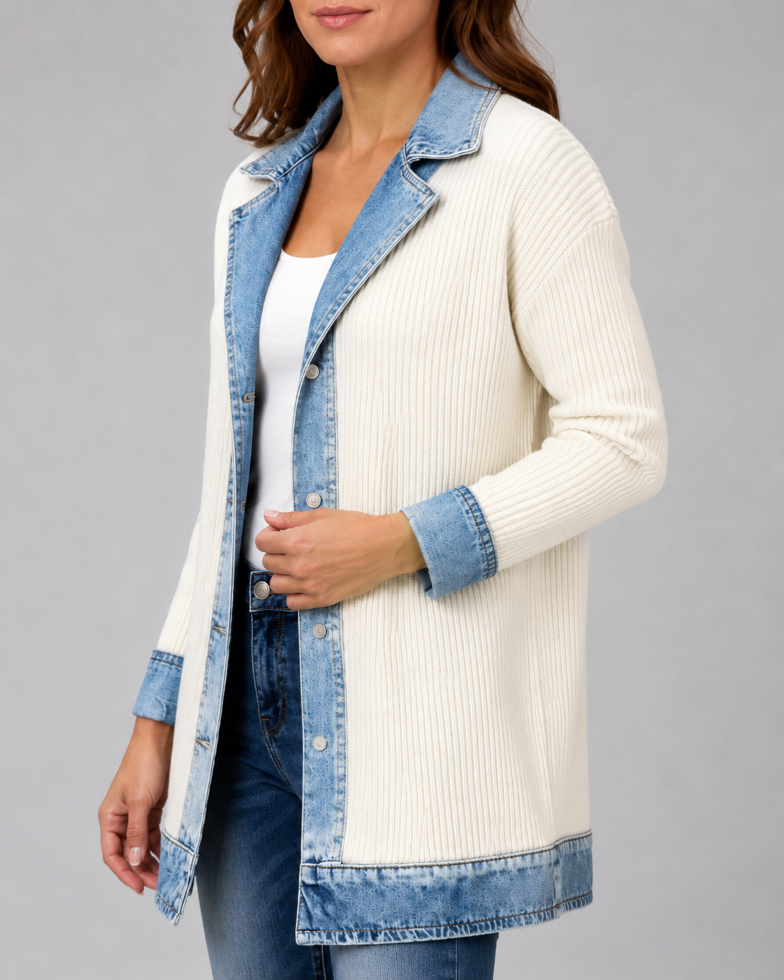 Women's Denim Trim Ribbed Knit Jacket | Collared Button Front