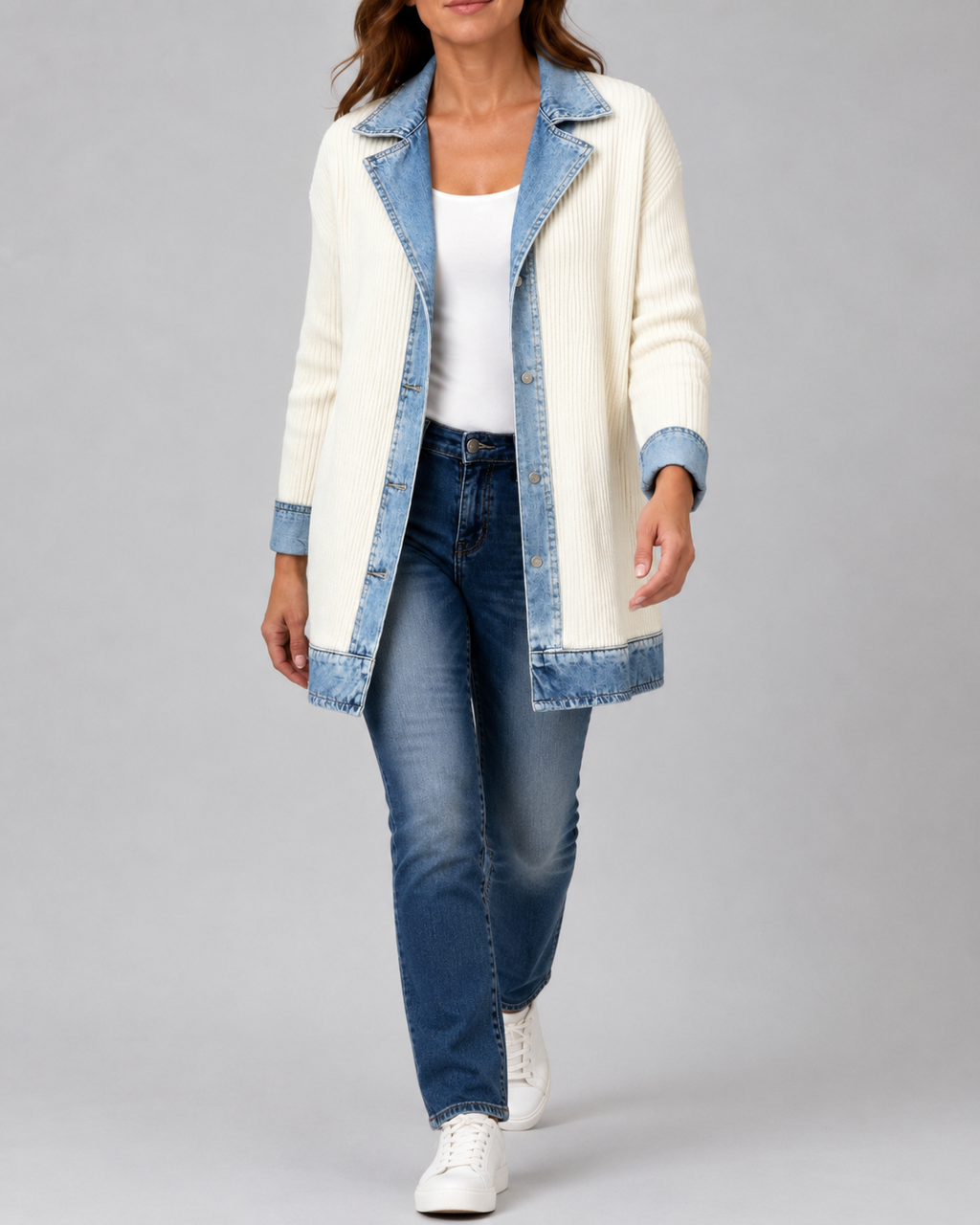Women's Denim Trim Ribbed Knit Jacket | Collared Button Front
