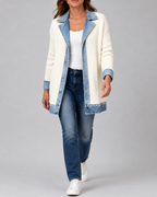 Women's Denim Trim Ribbed Knit Jacket | Collared Button Front