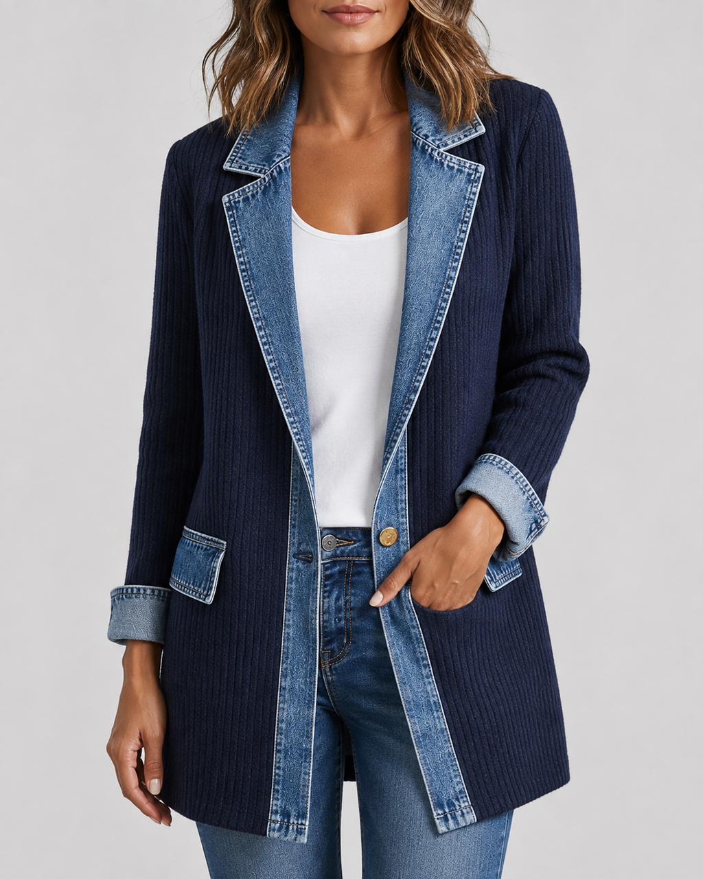 Women's Denim Trim Ribbed Knit Jacket | Collared Button Front