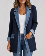 Women's Denim Trim Ribbed Knit Jacket | Collared Button Front