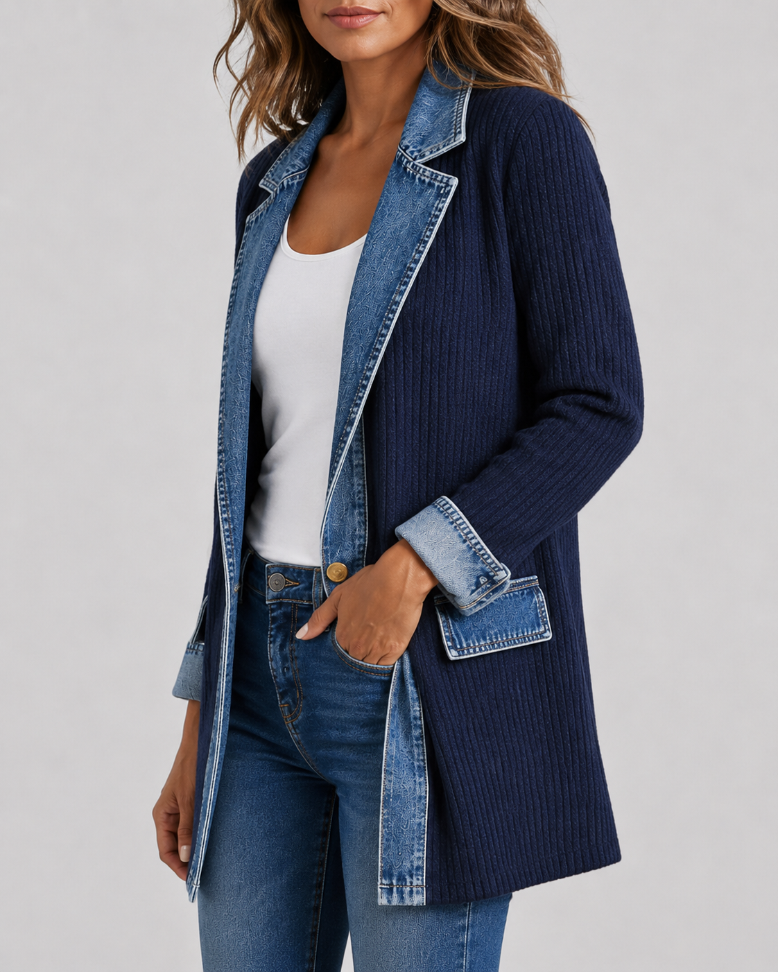 Women's Denim Trim Ribbed Knit Jacket | Collared Button Front