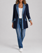 Women's Denim Trim Ribbed Knit Jacket | Collared Button Front