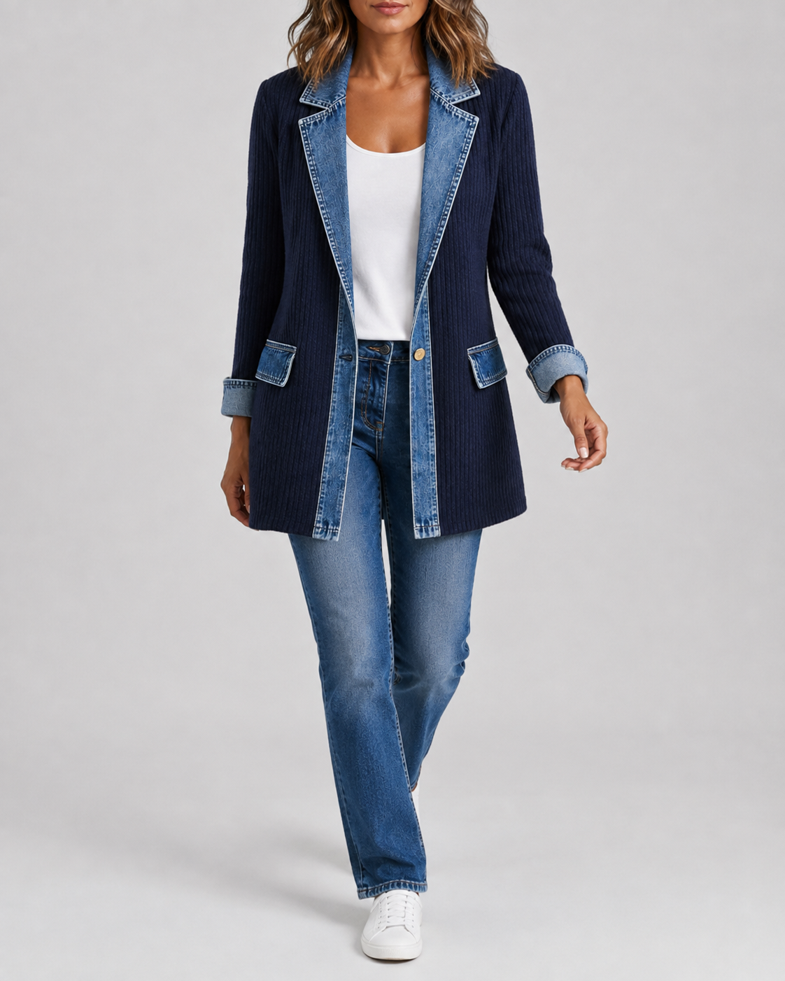 Women's Denim Trim Ribbed Knit Jacket | Collared Button Front