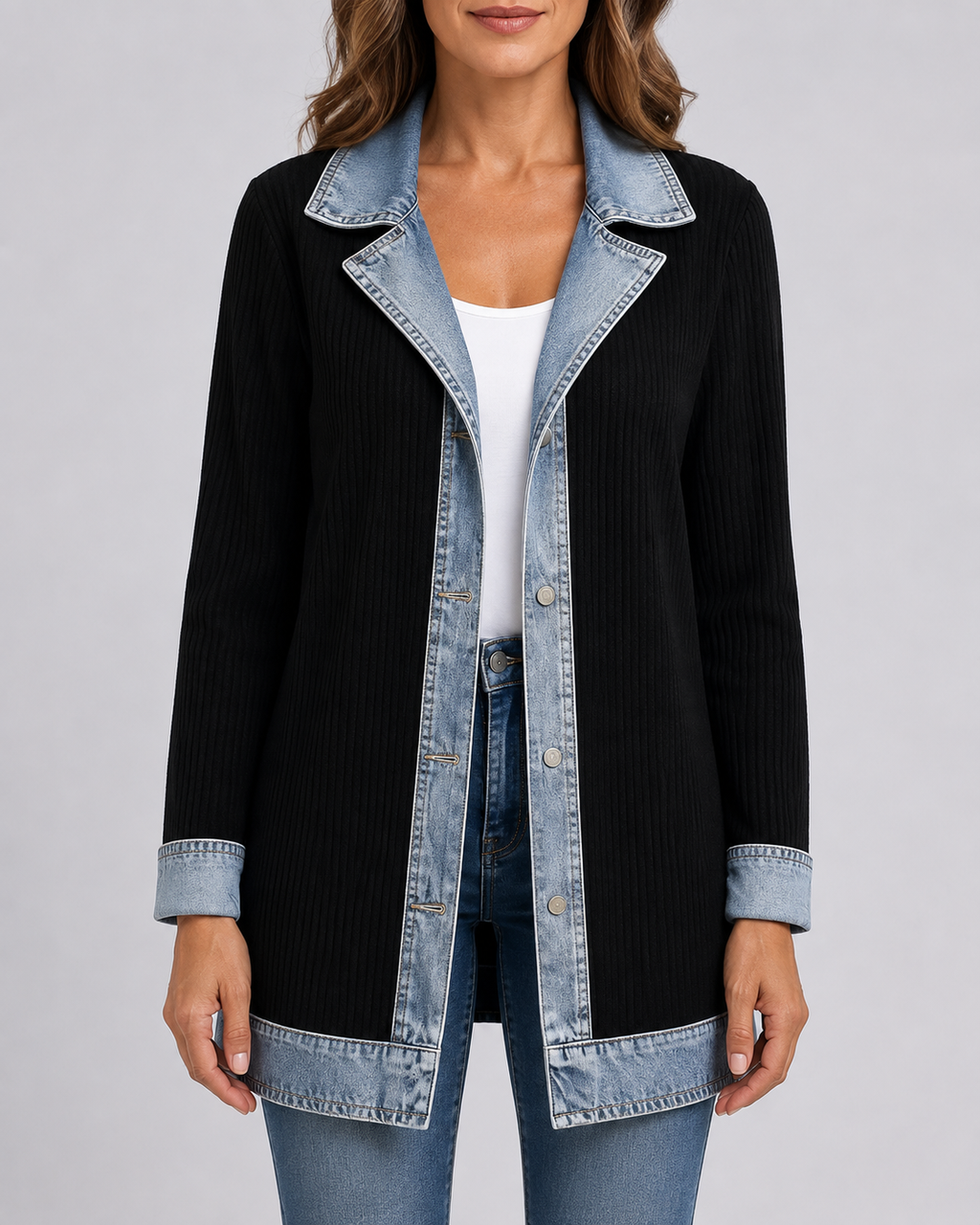 Women's Denim Trim Ribbed Knit Jacket | Collared Button Front
