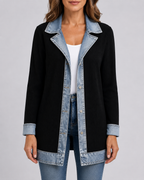 Women's Denim Trim Ribbed Knit Jacket | Collared Button Front