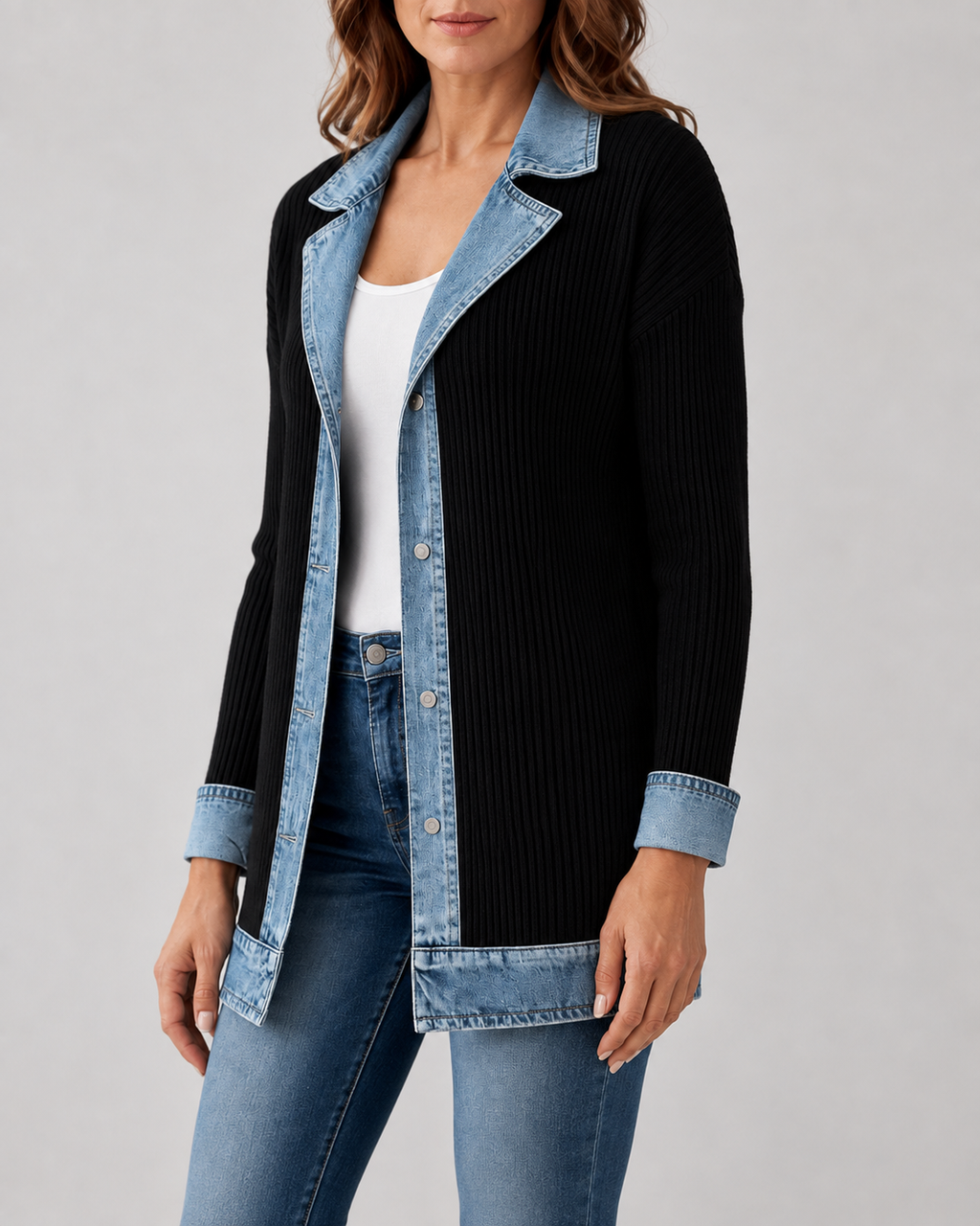 Women's Denim Trim Ribbed Knit Jacket | Collared Button Front