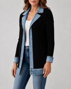Women's Denim Trim Ribbed Knit Jacket | Collared Button Front