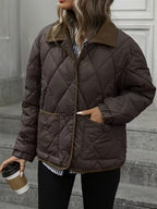 Women's Diamond Quilted Jacket with Corduroy Collar and Snap Front