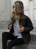 Women's Diamond Quilted Jacket with Corduroy Collar and Snap Front
