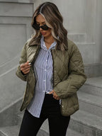 Women's Diamond Quilted Jacket with Corduroy Collar and Snap Front