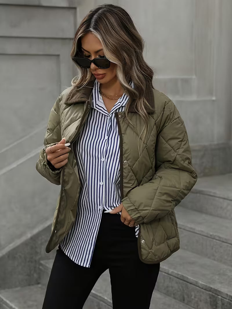 Women's Diamond Quilted Jacket with Corduroy Collar and Snap Front