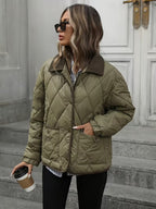 Women's Diamond Quilted Jacket with Corduroy Collar and Snap Front
