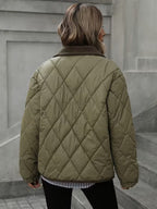 Women's Diamond Quilted Jacket with Corduroy Collar and Snap Front