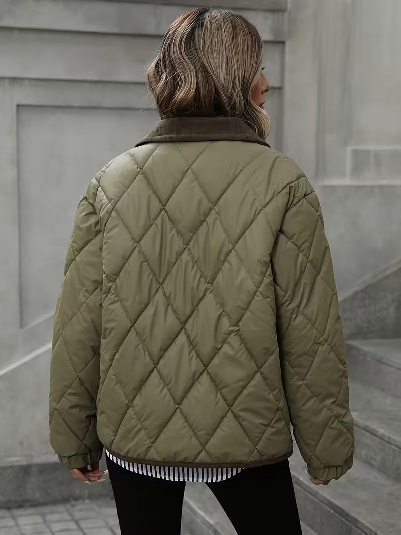 Women's Diamond Quilted Jacket with Corduroy Collar and Snap Front