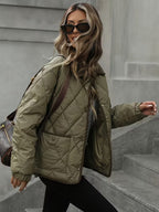 Women's Diamond Quilted Jacket with Corduroy Collar and Snap Front