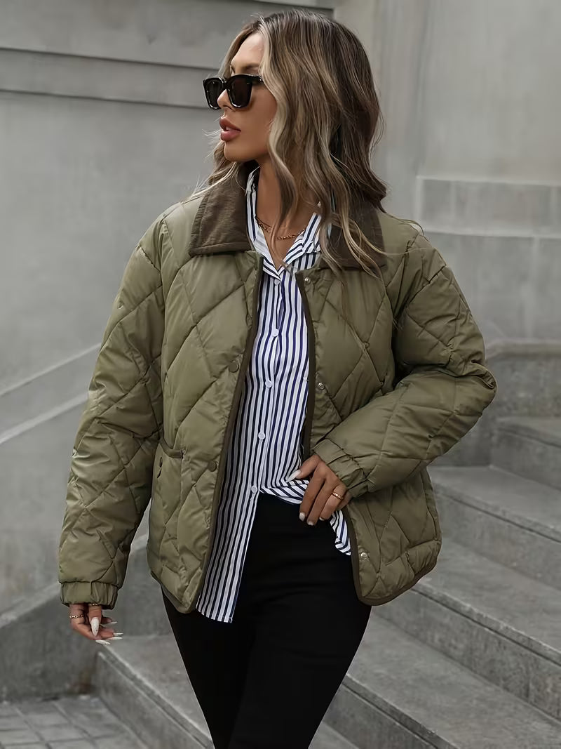 Women's Diamond Quilted Jacket with Corduroy Collar and Snap Front