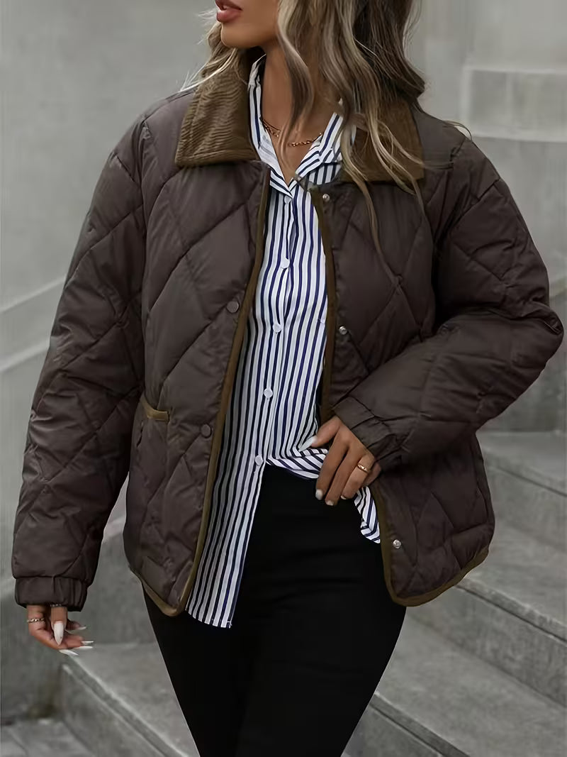 Women's Diamond Quilted Jacket with Corduroy Collar and Snap Front
