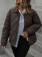 Women's Diamond Quilted Jacket with Corduroy Collar and Snap Front