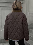 Women's Diamond Quilted Jacket with Corduroy Collar and Snap Front