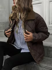 Women's Diamond Quilted Jacket with Corduroy Collar and Snap Front