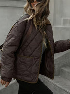 Women's Diamond Quilted Jacket with Corduroy Collar and Snap Front
