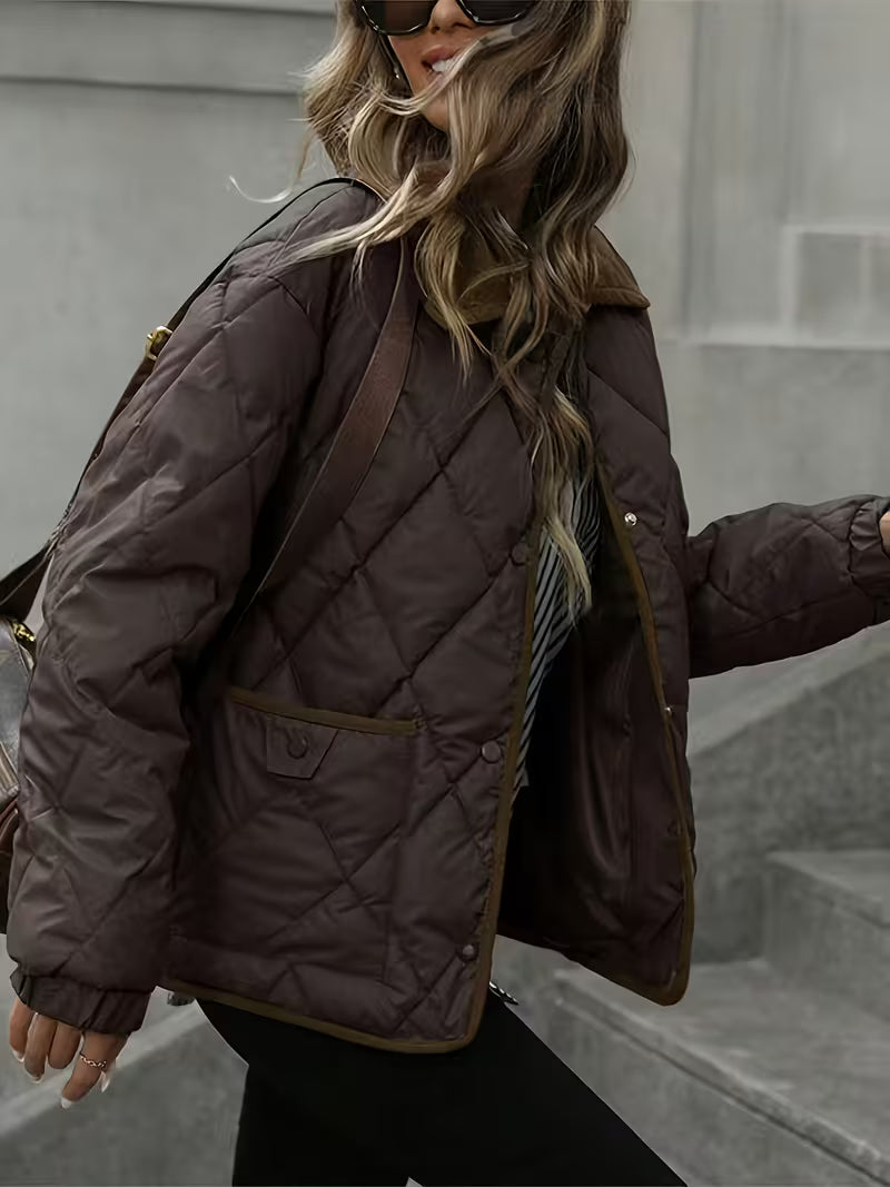 Women's Diamond Quilted Jacket with Corduroy Collar and Snap Front