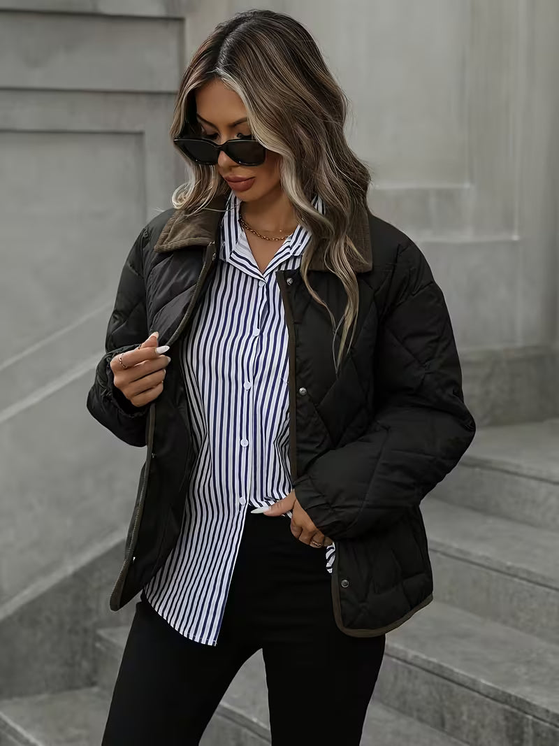 Women's Diamond Quilted Jacket with Corduroy Collar and Snap Front
